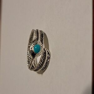 Native American Handmade Silver Eagle Feather With Turquoise Size 9.5